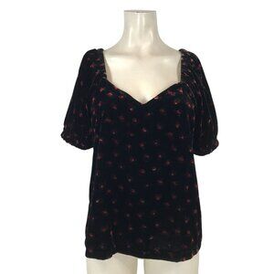 LOFT - WOMEN' SMALL -BLACK SHORT SLEEVE V NECK VELOUR VELVET TOP SHIRT